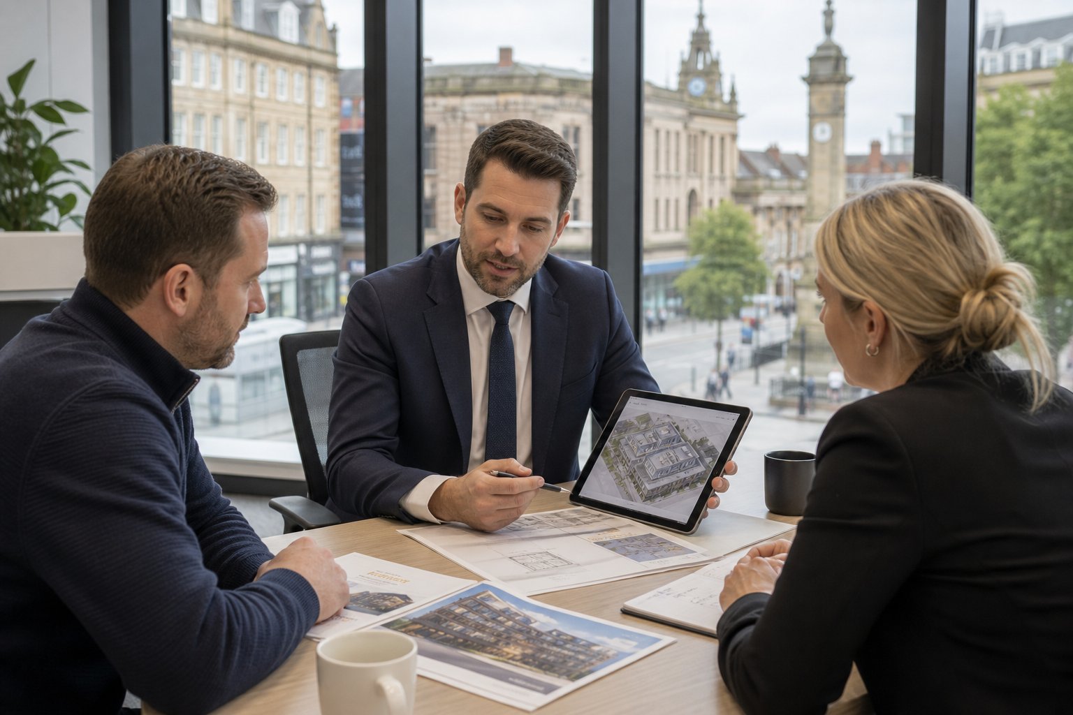 Commercial Mortgage Brokers Preston 16 Professional commercial mortgage adviser meeting business clients in a modern Preston office, reviewing property and finance documents in natural light.