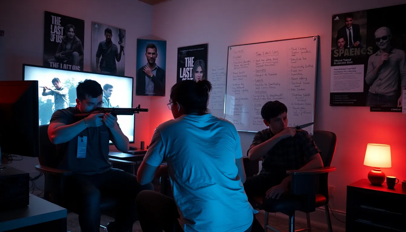 gamers intensely engaged in 'The Last of Us' gameplay in a modern studio.