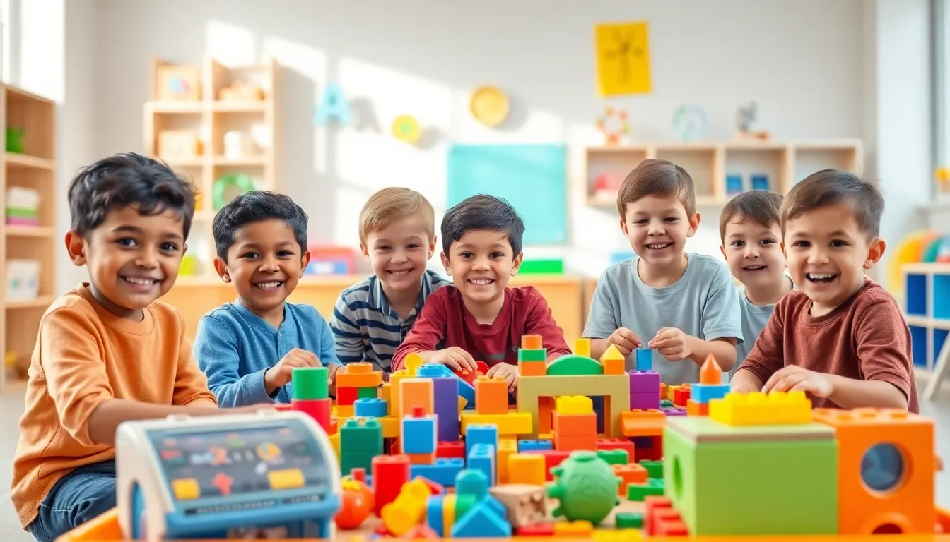 diverse boys engaging with educational toys in a bright classroom.
