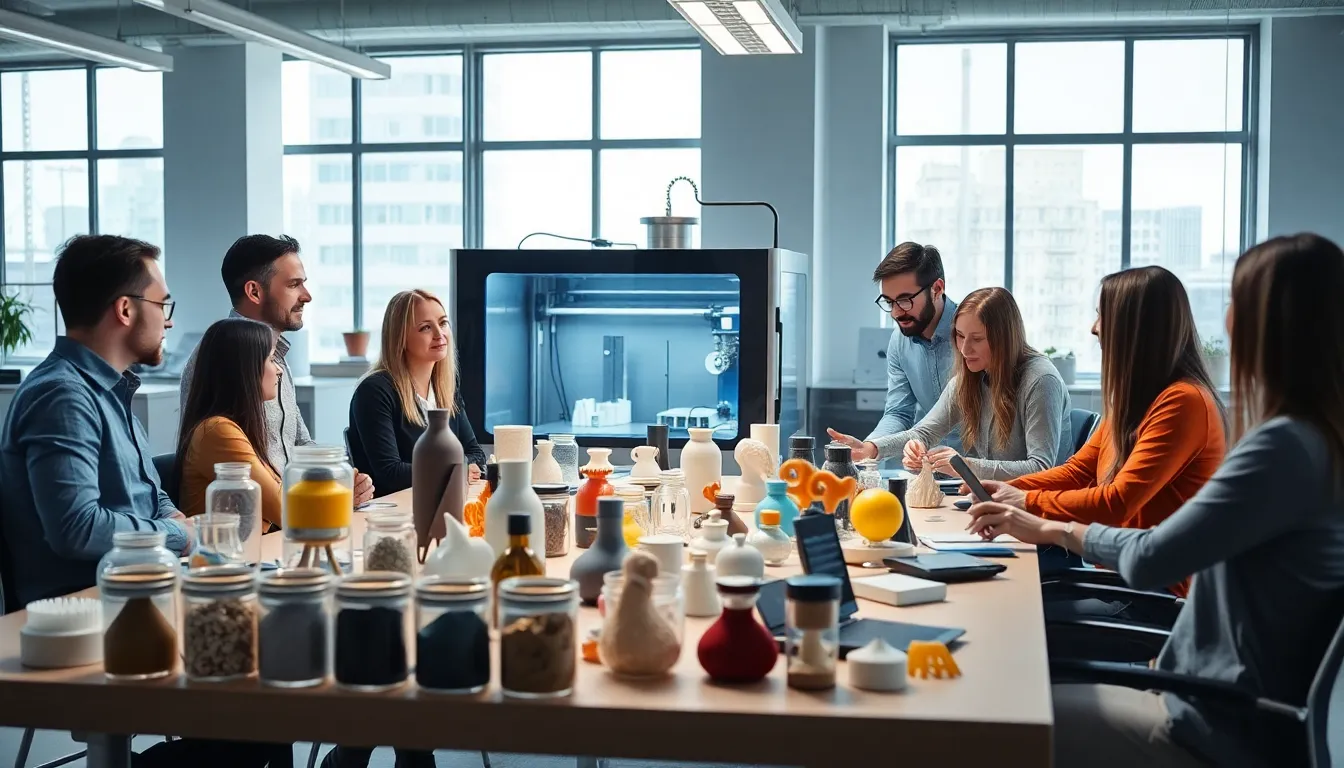 diverse team discussing 3D printing materials in a modern office.