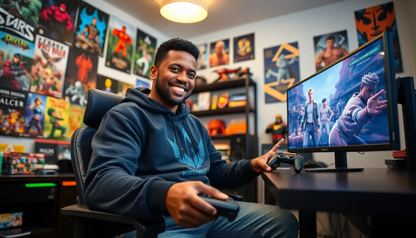 Larry sharing gaming tips at his desk, surrounded by gaming memorabilia.