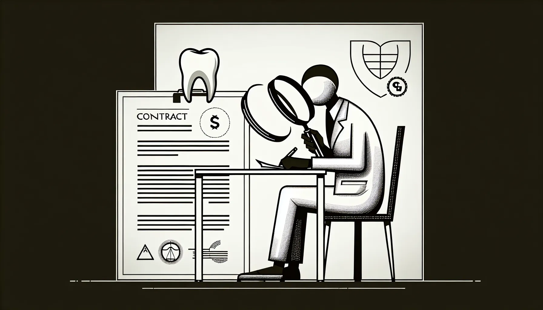 Dentist examining a contract with magnifying glass and Indiana outline of Indiana Dental Contract Review.