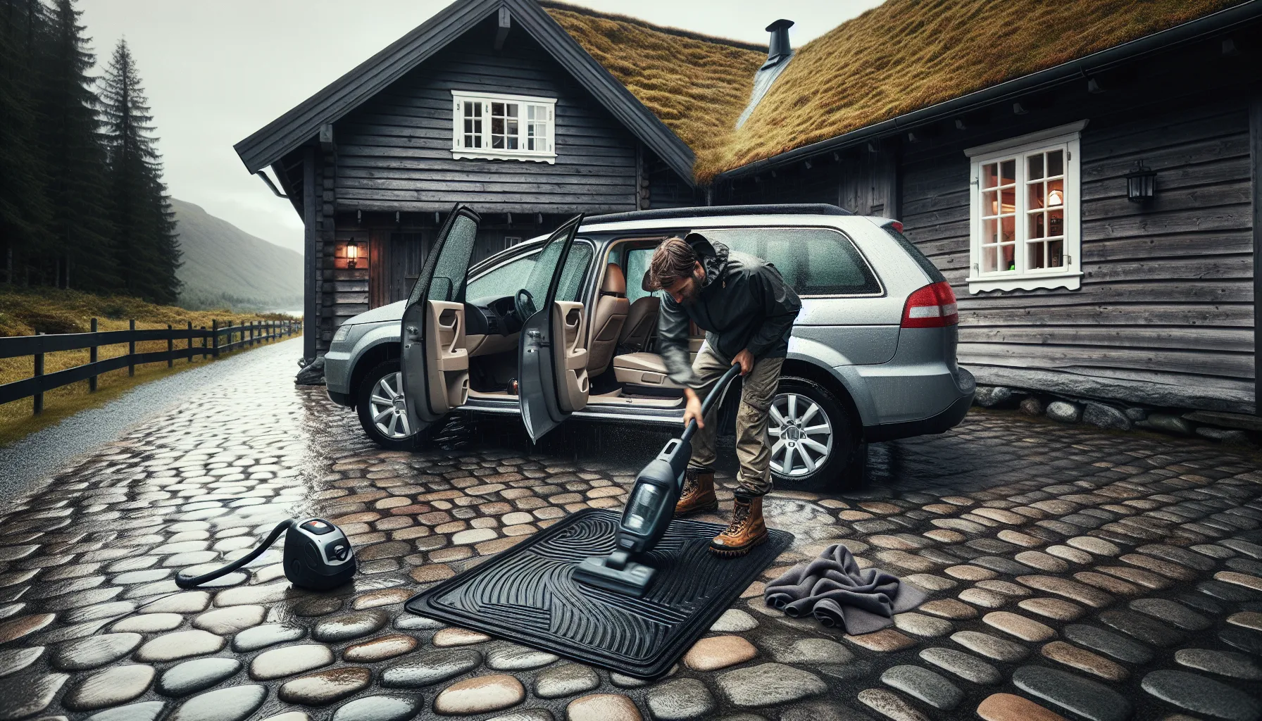 De beste tipsene for å holde bilen luktfri 2 Norwegian driver airs out car, shaking wet rubber mat after rain.