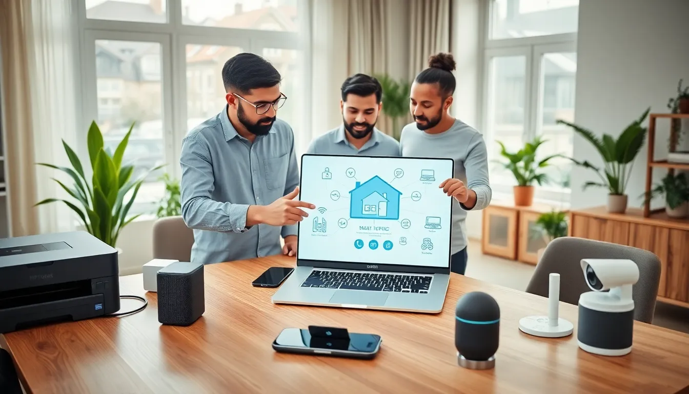 diverse team discussing home networking in a modern office setting.