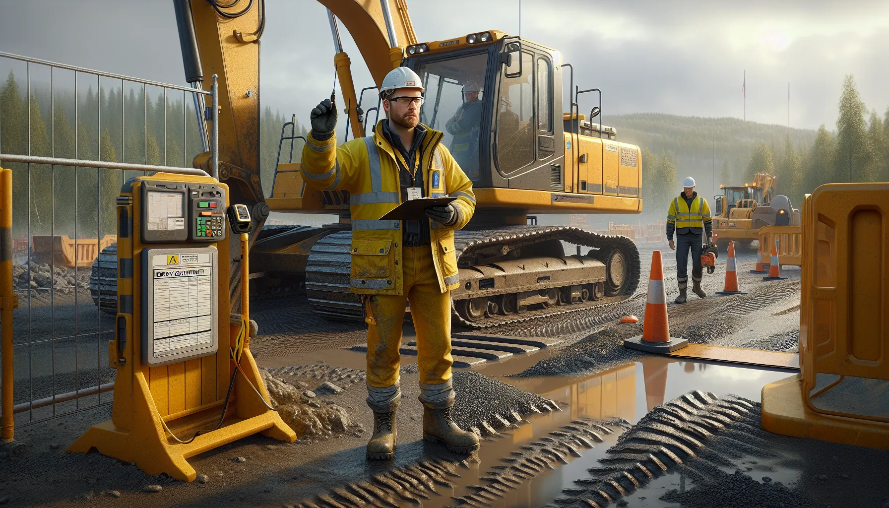 Hms-regler for anleggsmaskinførere: viktig informasjon du må vite 2 Excavator operator inspects machine while a spotter signals at a norwegian site.