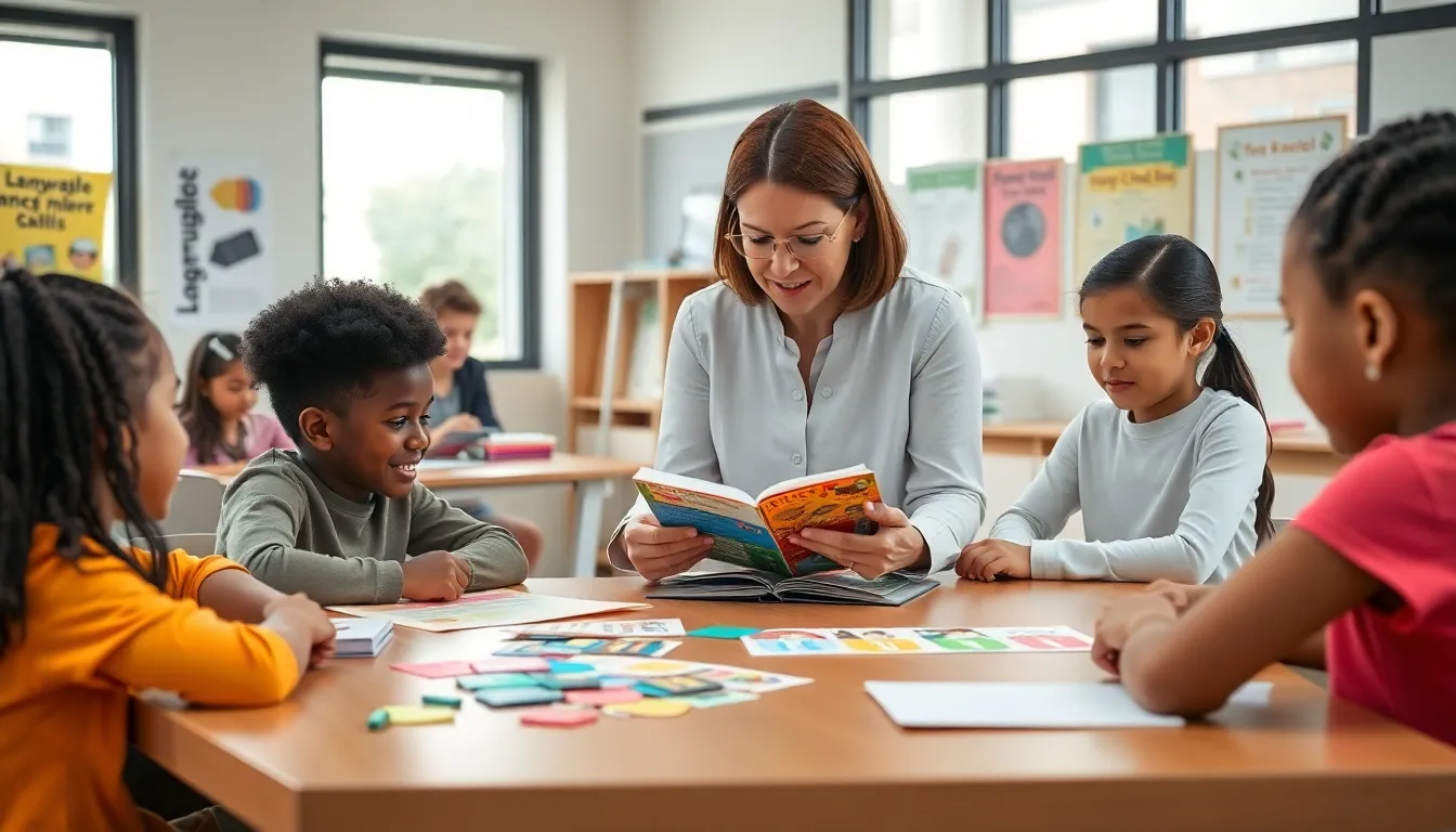 students collaborating in a modern classroom about language learning disabilities.