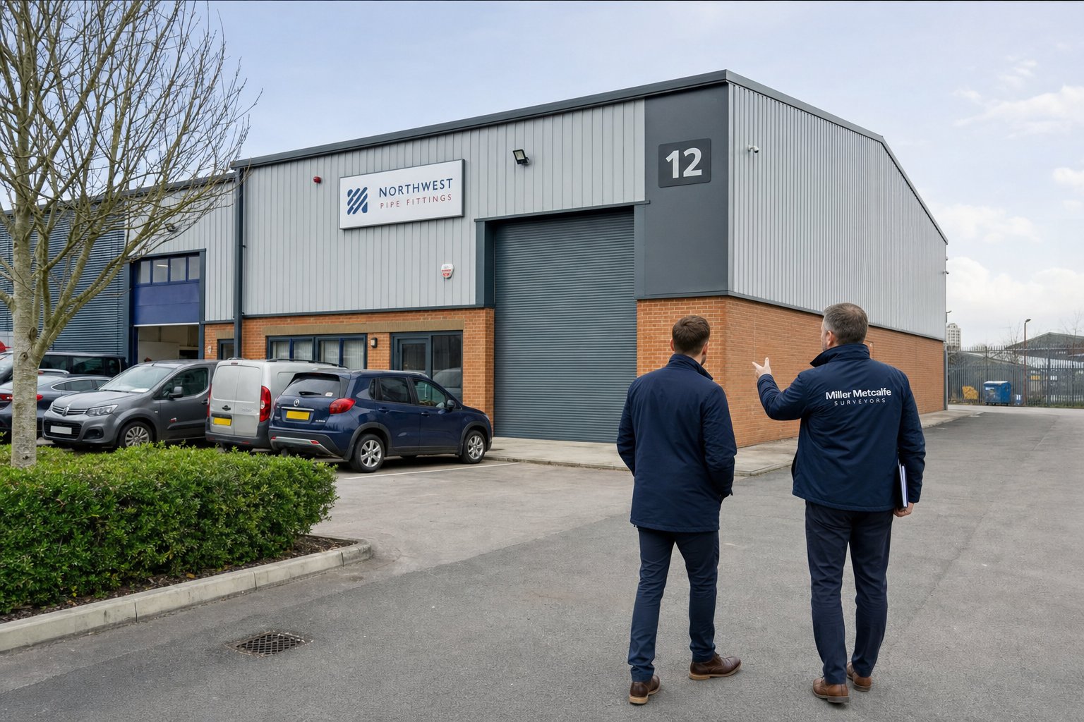 Surveyor and buyer inspecting a light industrial warehouse property in Wigan