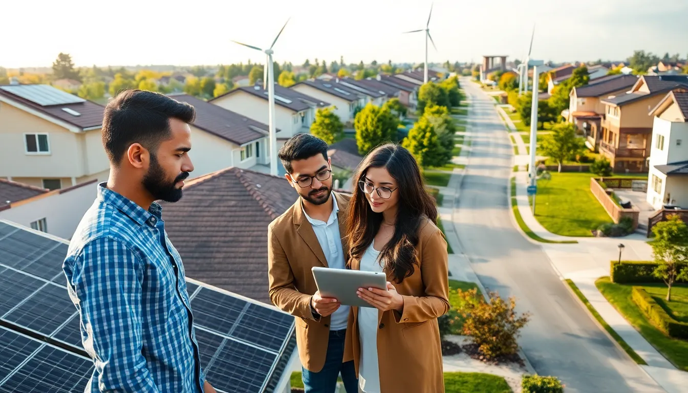 diverse team discussing renewable energy solutions in a modern neighborhood.