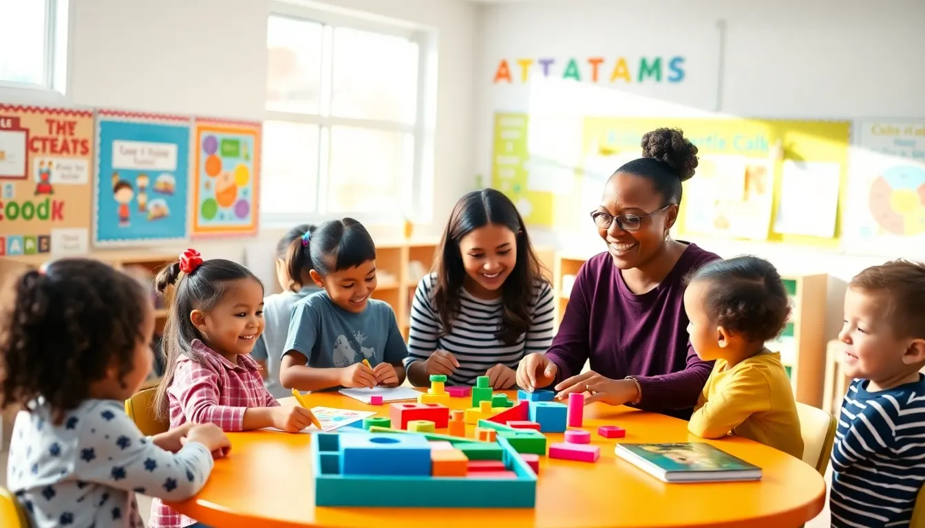 kindergarten classroom with diverse children engaging in learning activities.