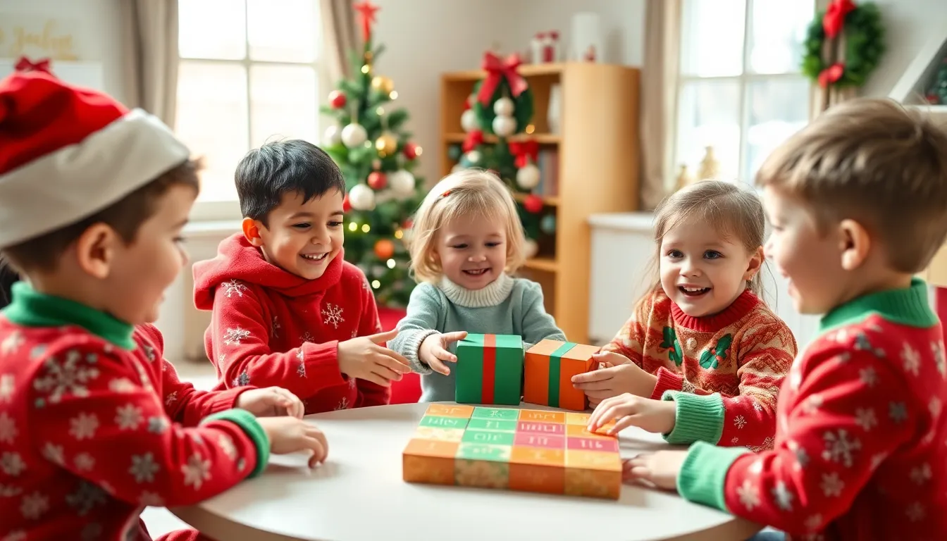 preschoolers playing Christmas games in a festive classroom.