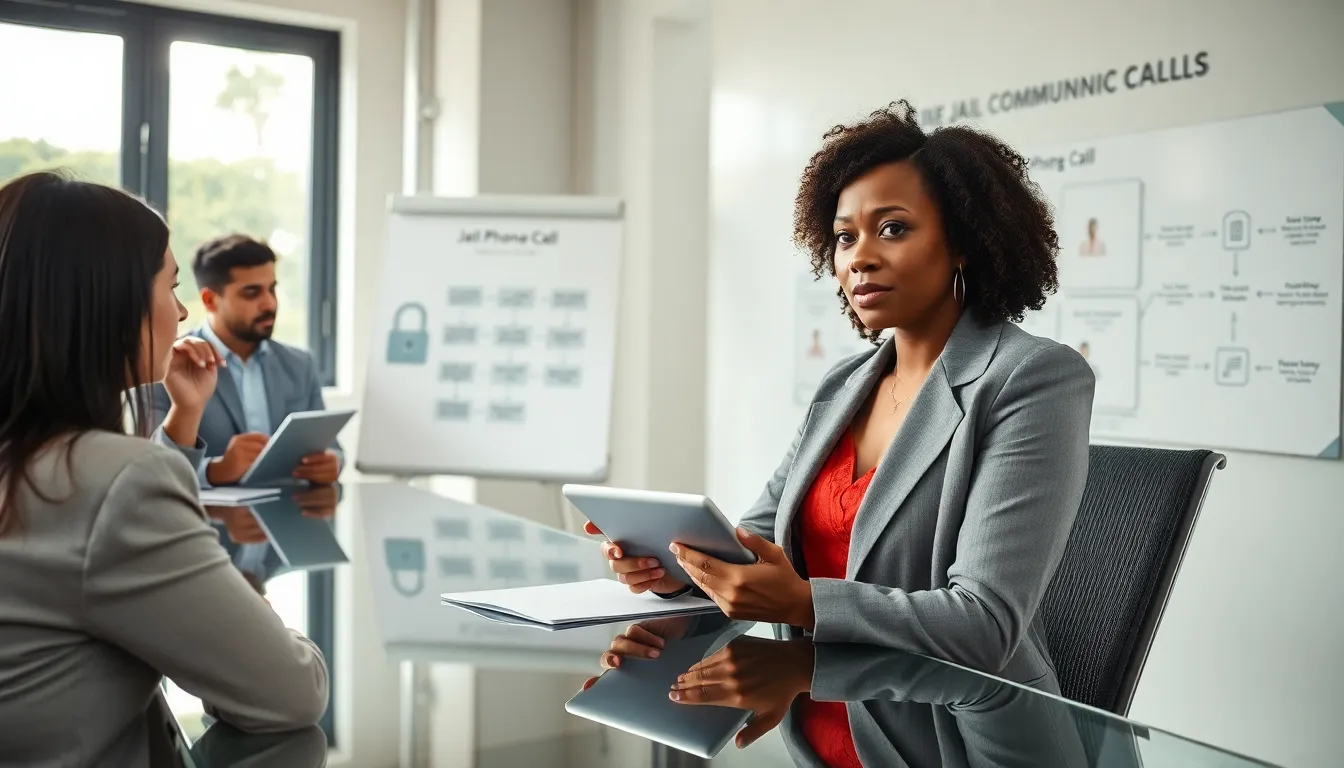 professionals discussing jail phone call protocols in a modern office.