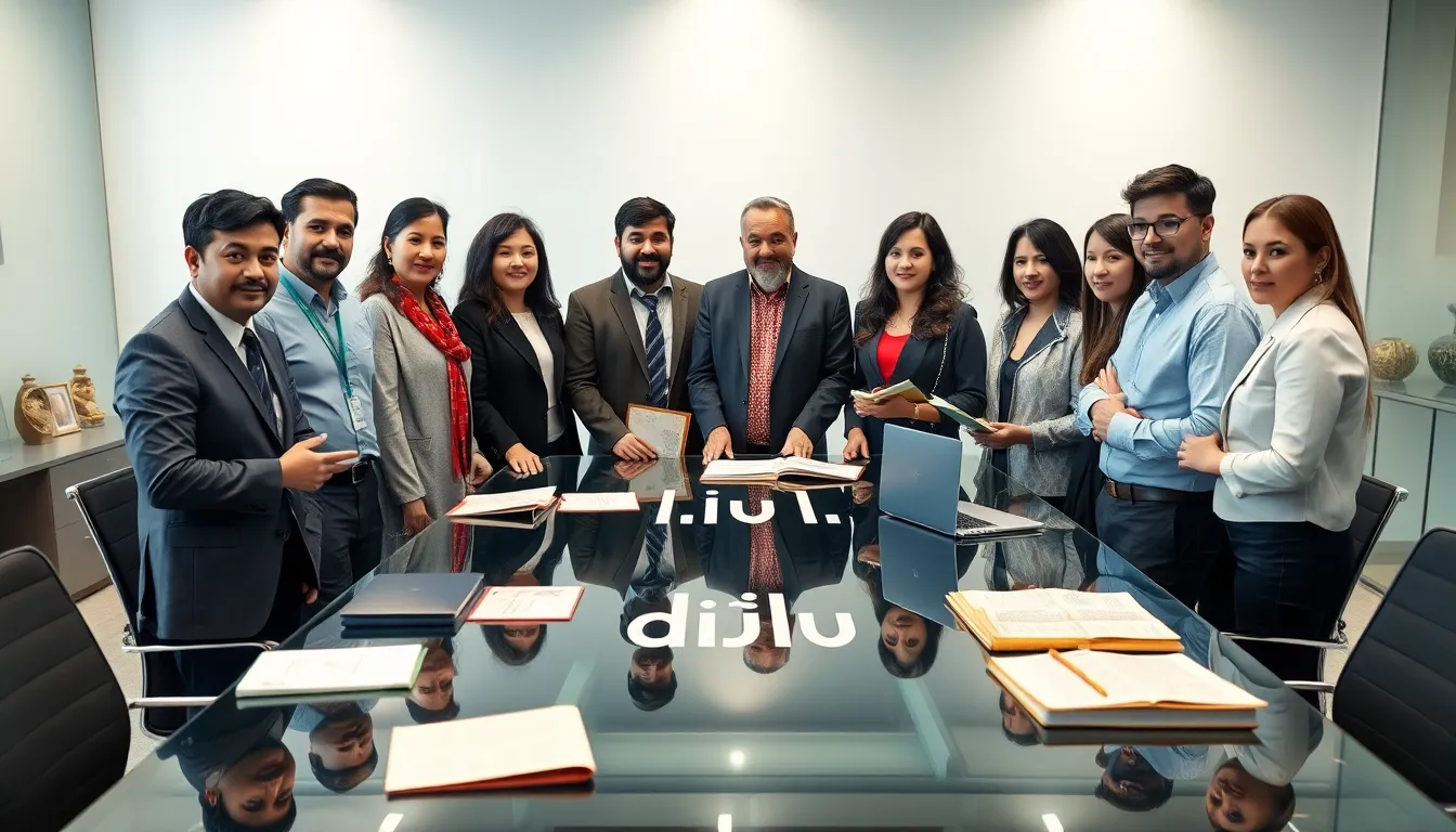 diverse group of linguists discussing linguistic origins in a modern office.