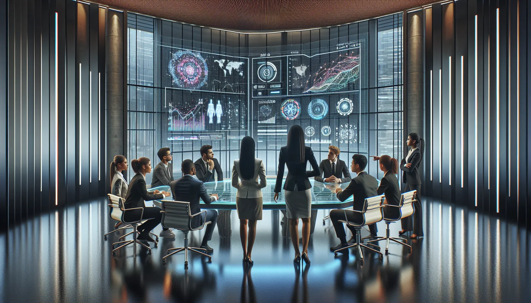 diverse team discussing future technology implications in a modern office.