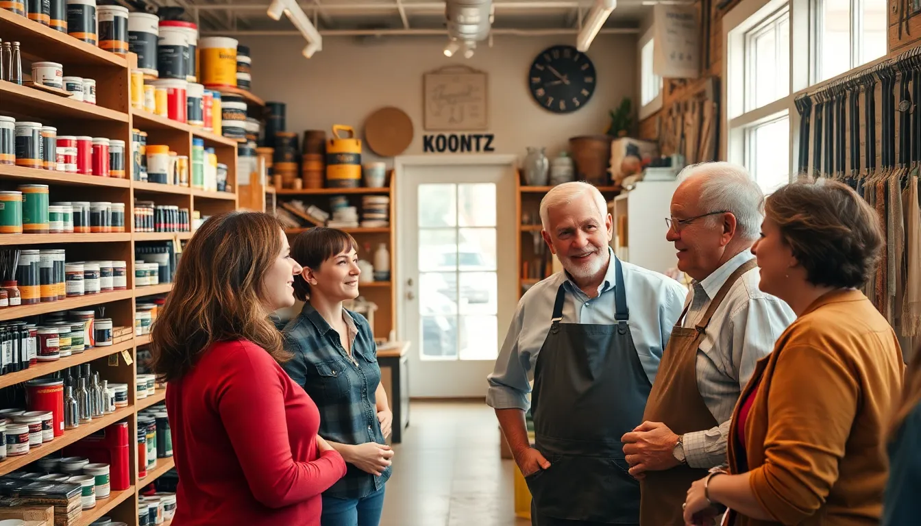 customers engaging with staff in a welcoming hardware store.