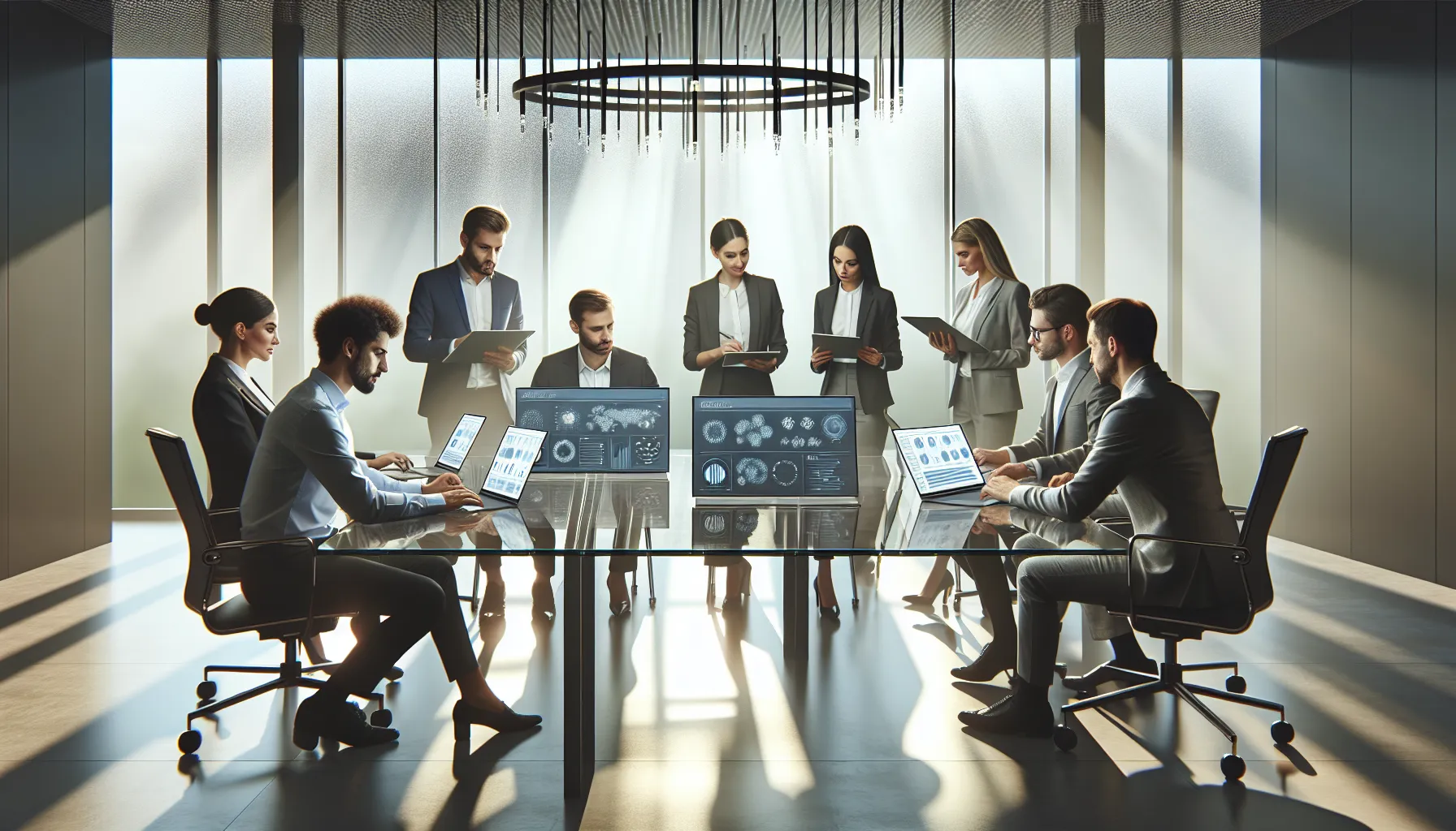 diverse team discussing data management in a modern office.