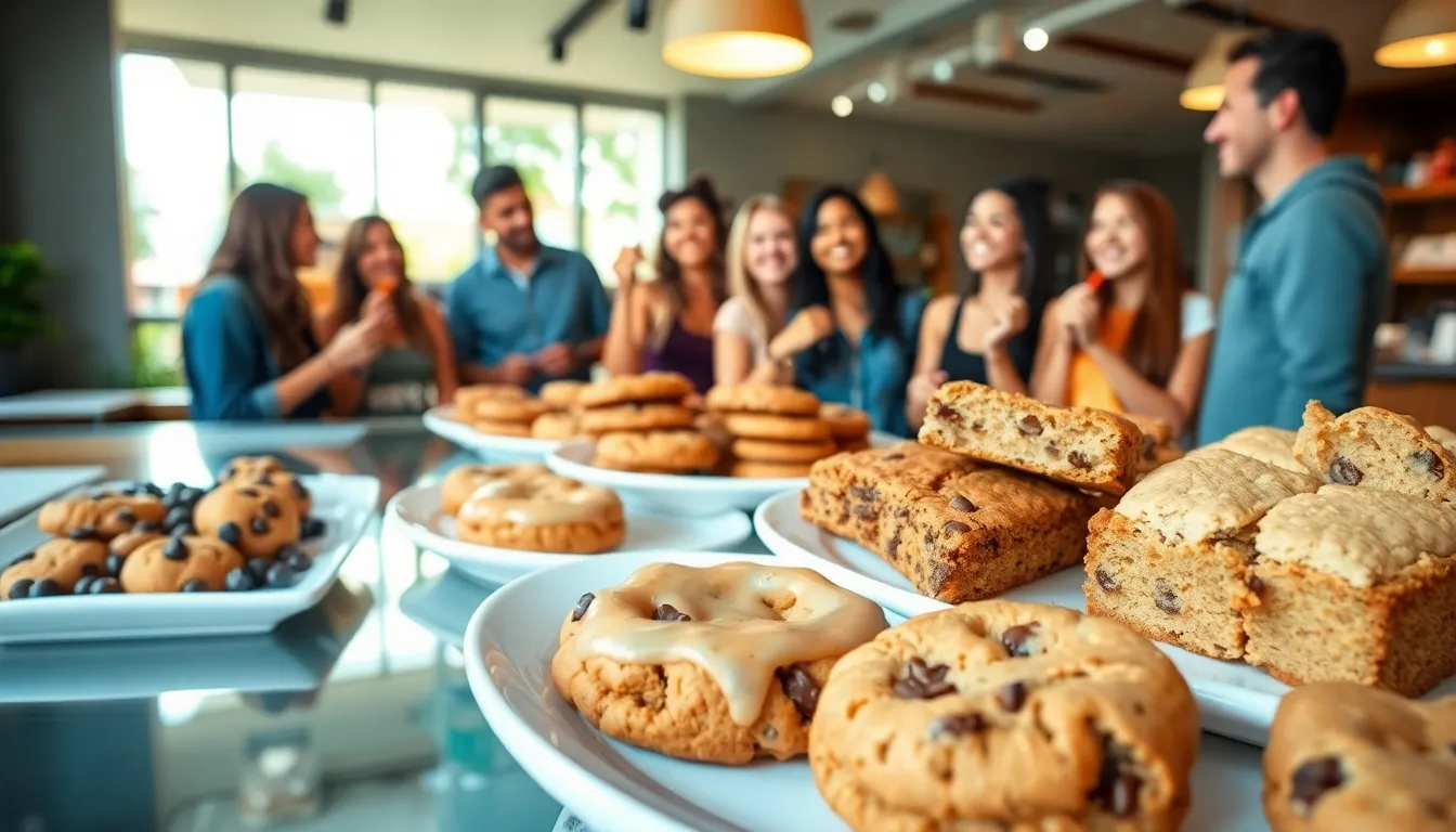 assorted Crumbl Cookies in a welcoming bakery with customers.