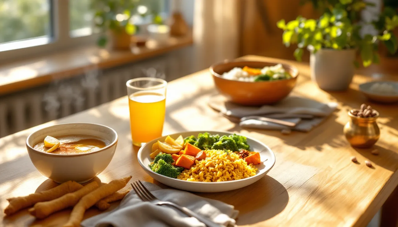 Three Ayurvedic meals on a sunlit table showing light breakfast, hearty lunch, and simple dinner.