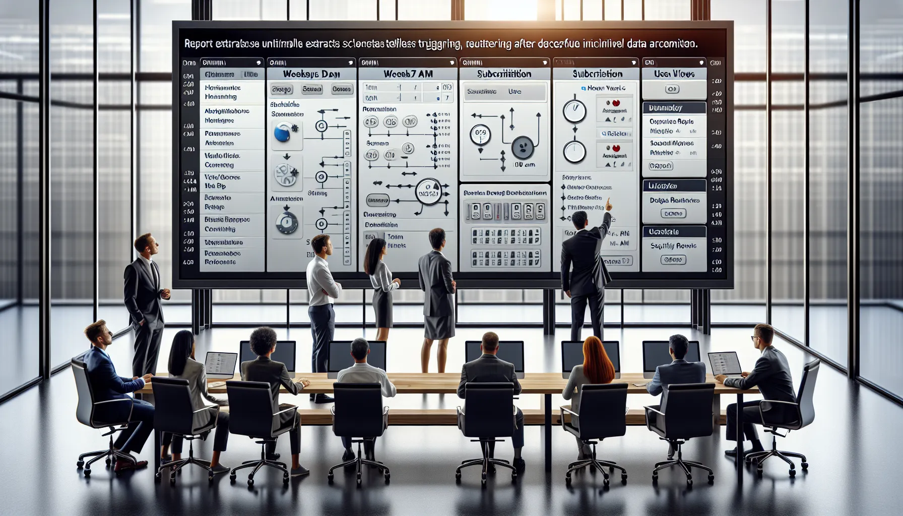 Analytics team configuring automated Tableau Server and Cloud report schedules in a modern office.