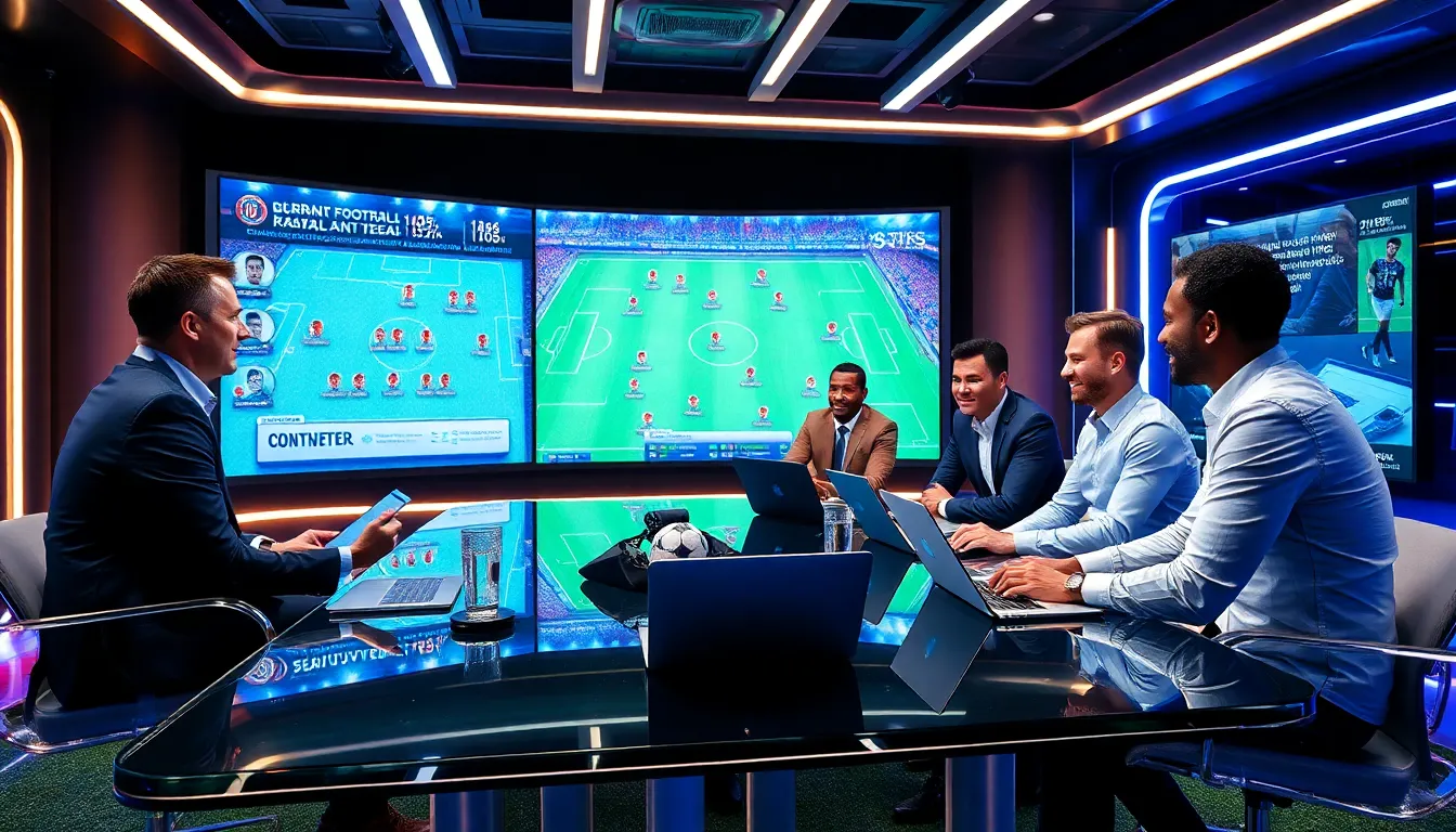 professionals discussing football trends in a modern studio.