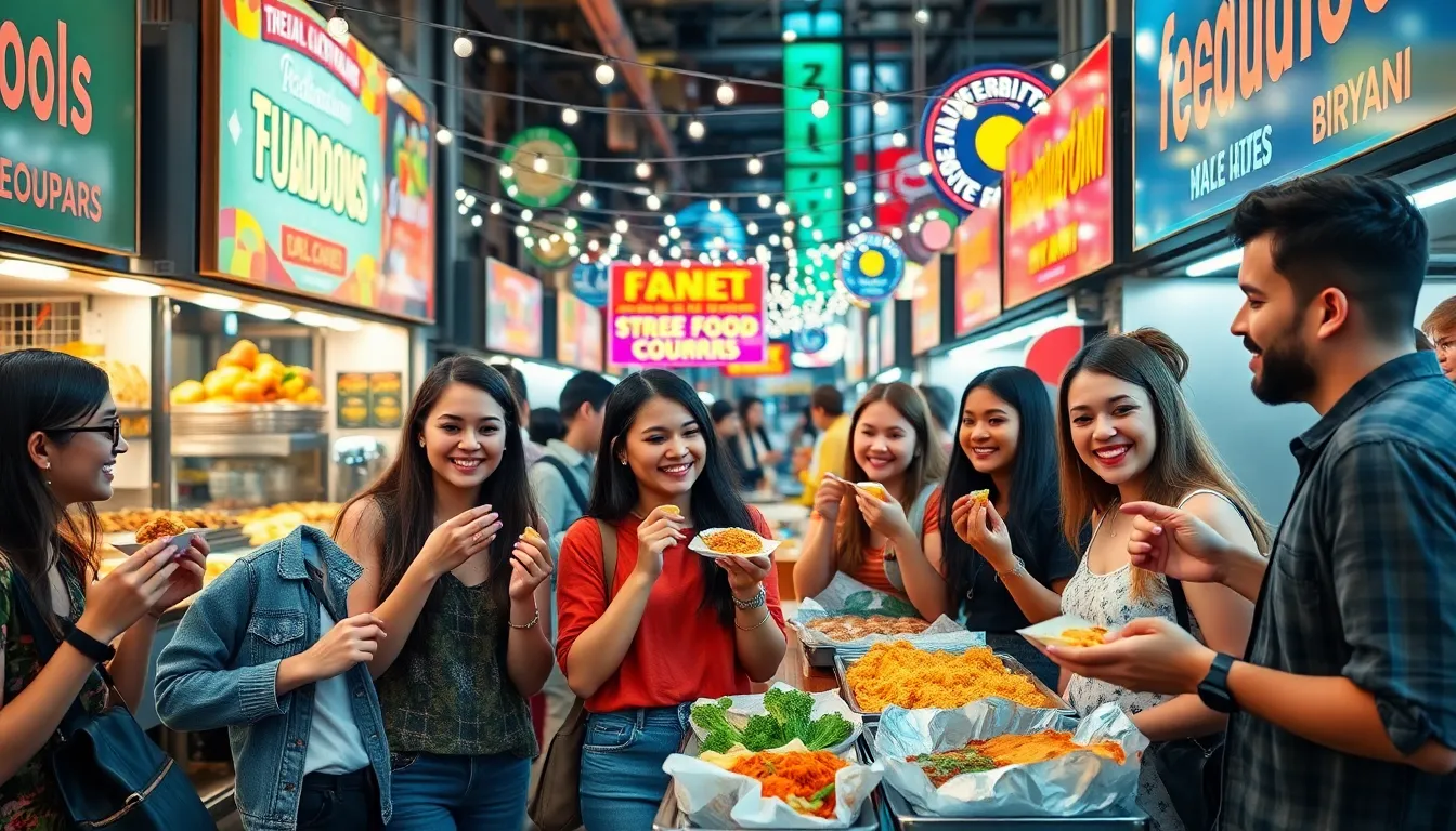 diverse travelers enjoying street food in a vibrant market.