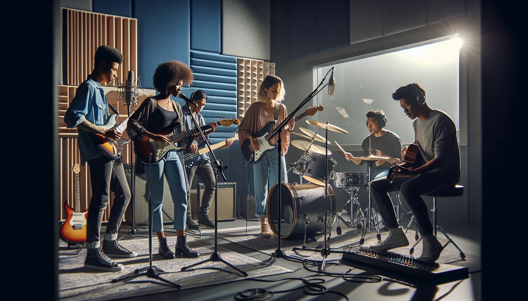 diverse musicians jamming in a modern music studio.