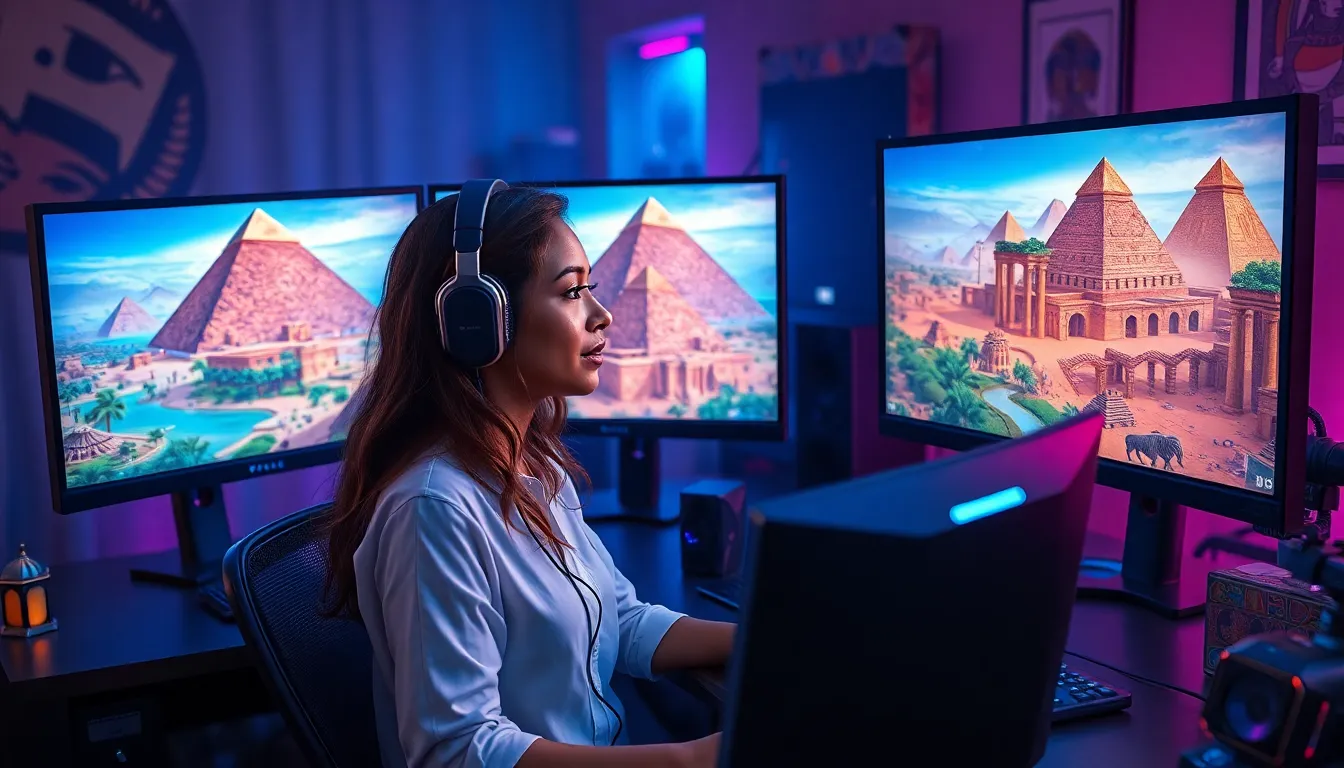 gamer engaged in an ancient Egyptian-themed video game.
