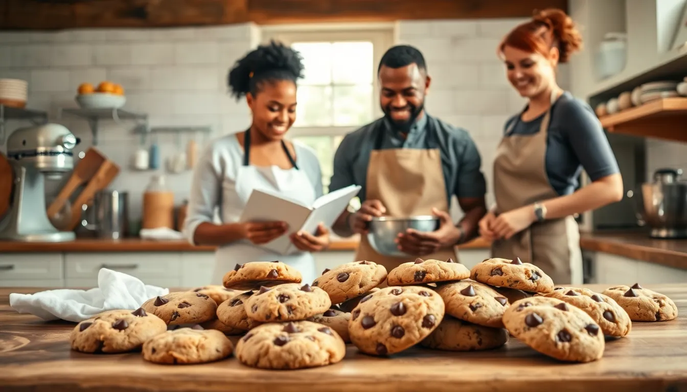 Diverse bakers in a cozy kitchen, creating an array of cookies.