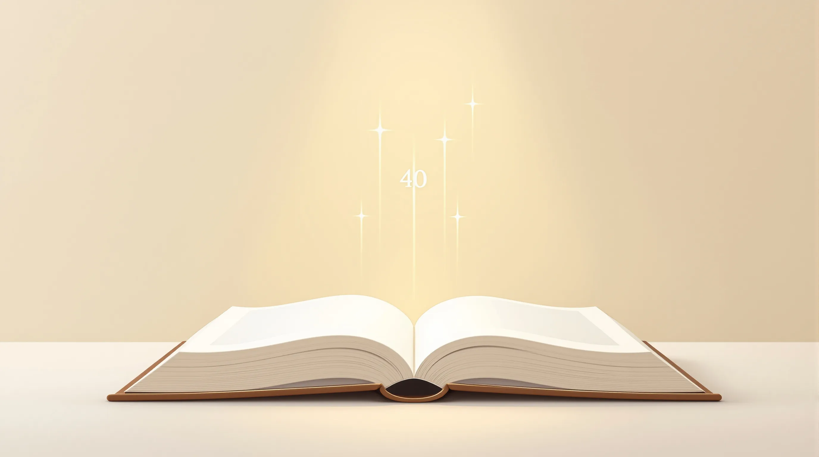 Open book with soft light rays and number 40 on neutral background.
