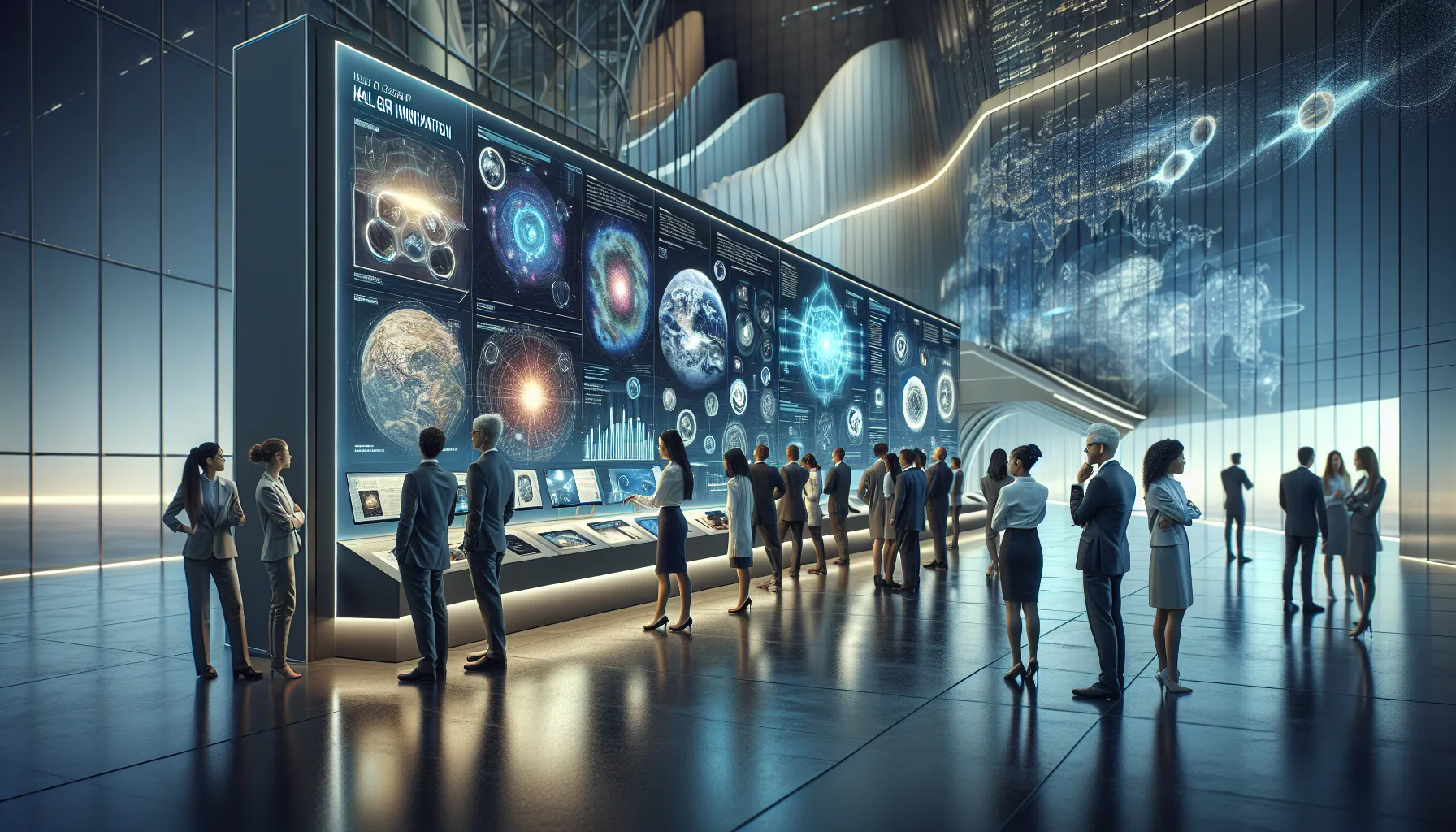 Diverse group of professionals in a high-tech exhibition hall.