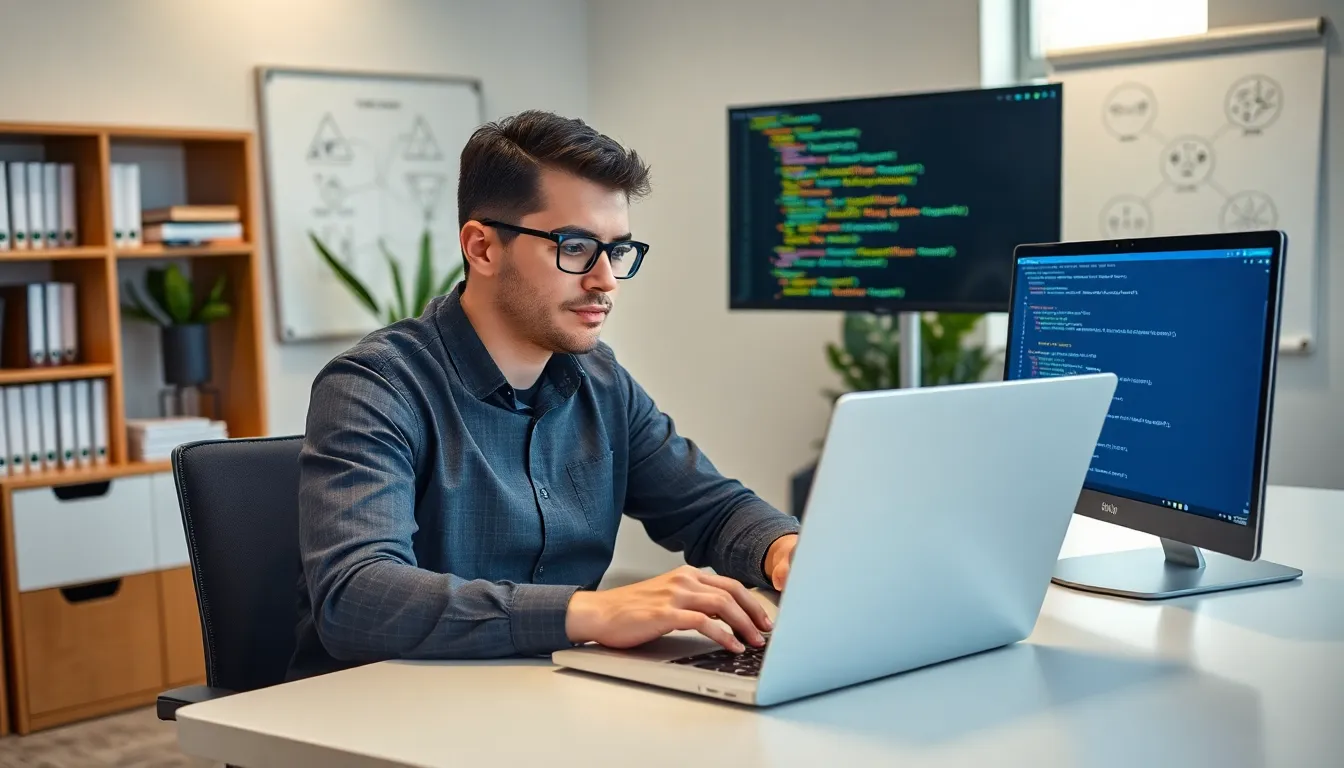 programmer coding C++ string concatenation in a modern office.