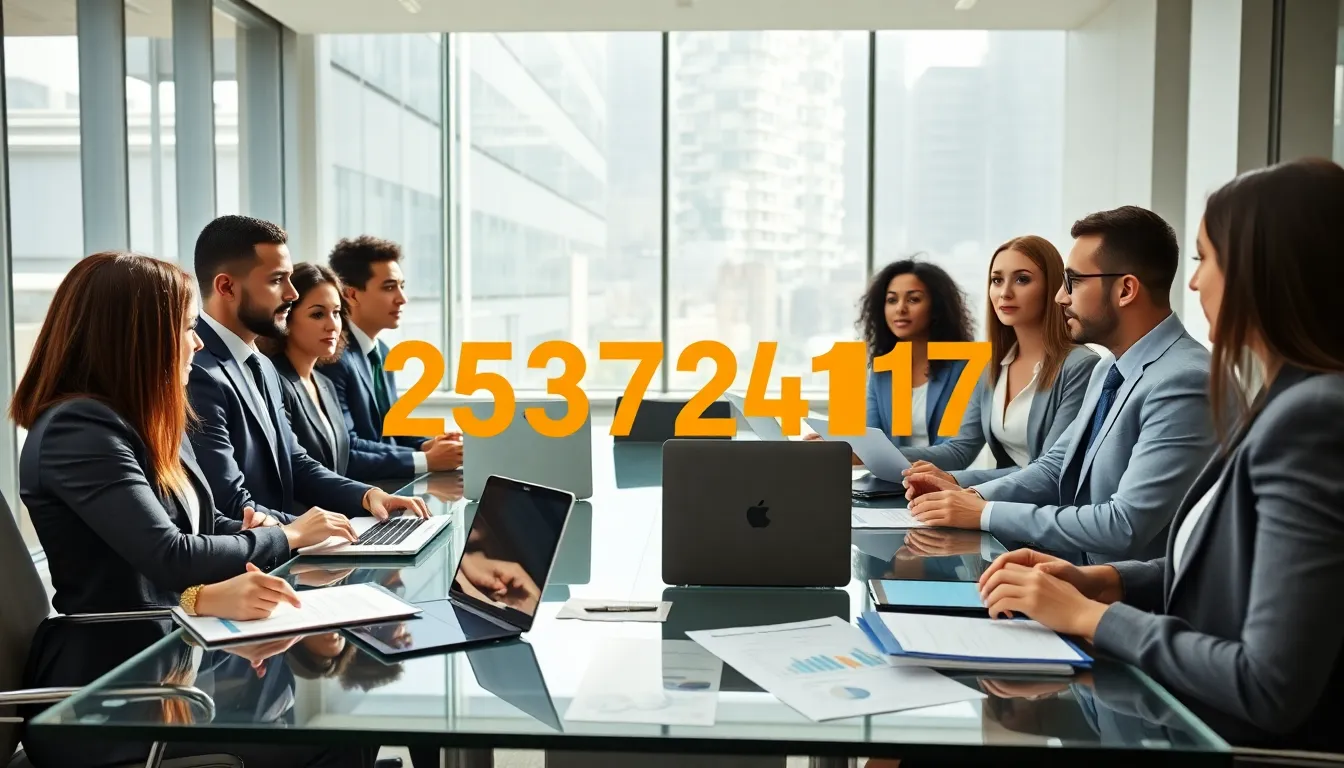 diverse professionals discussing the significance of a numerical code in a modern conference room.