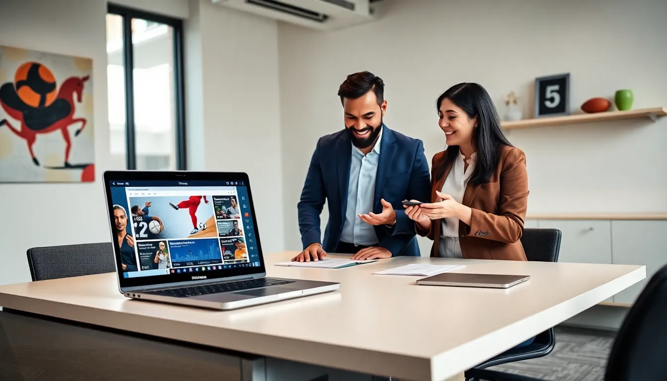 diverse team collaborating on a sports content platform in a modern office.