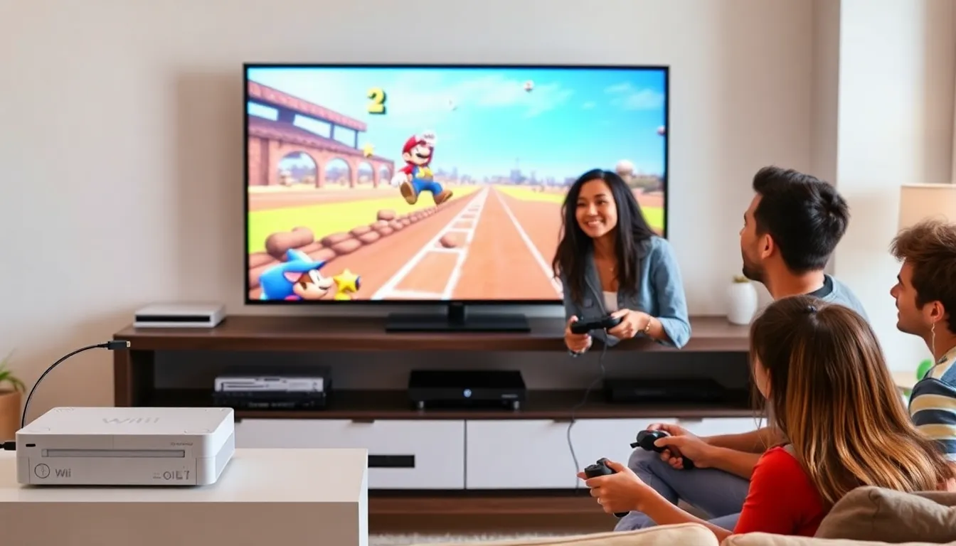 friends playing Nintendo Wii with HDMI adapter in a modern living room.