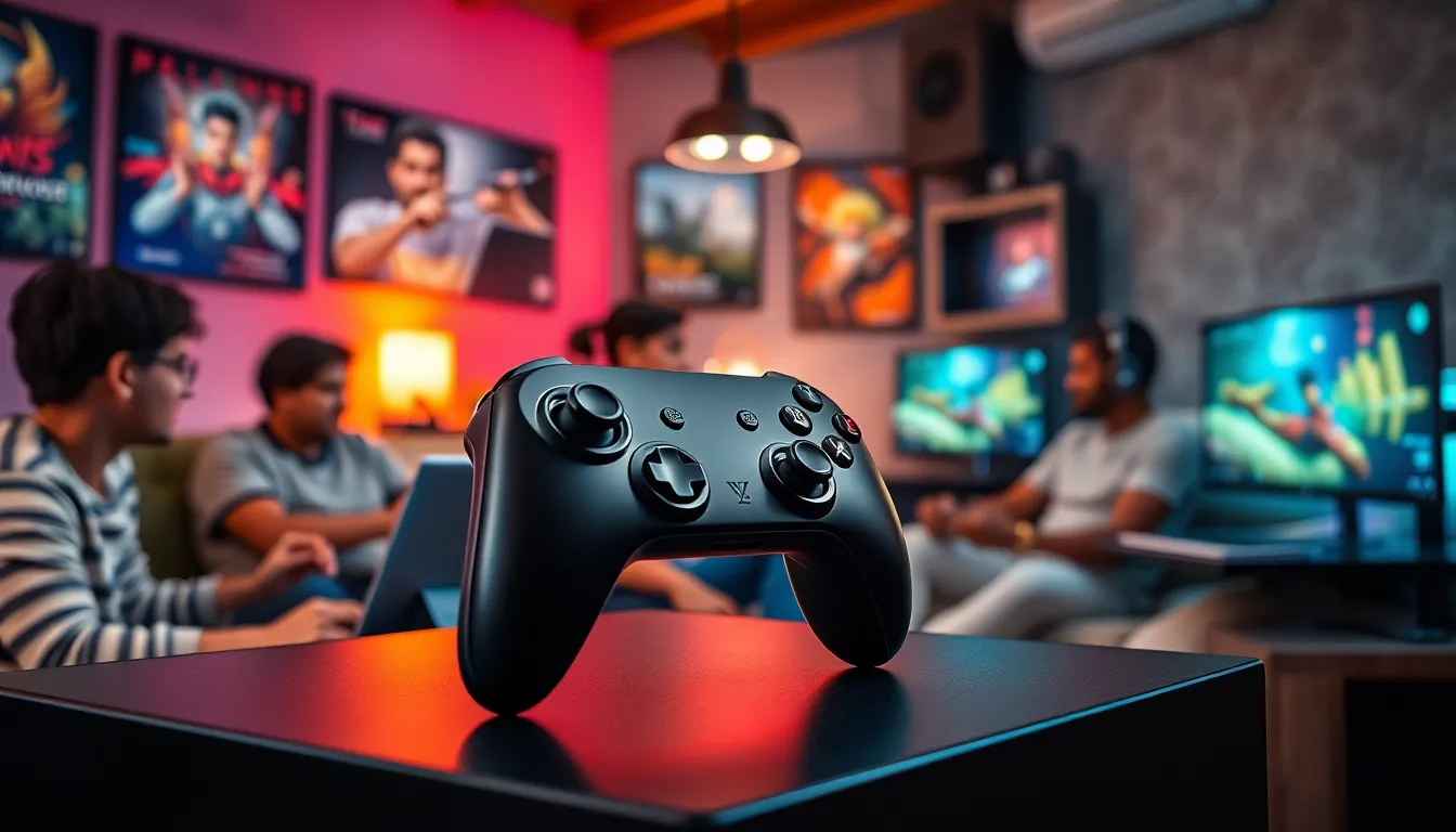Hssgamestick showcased with gamers in a modern gaming environment.