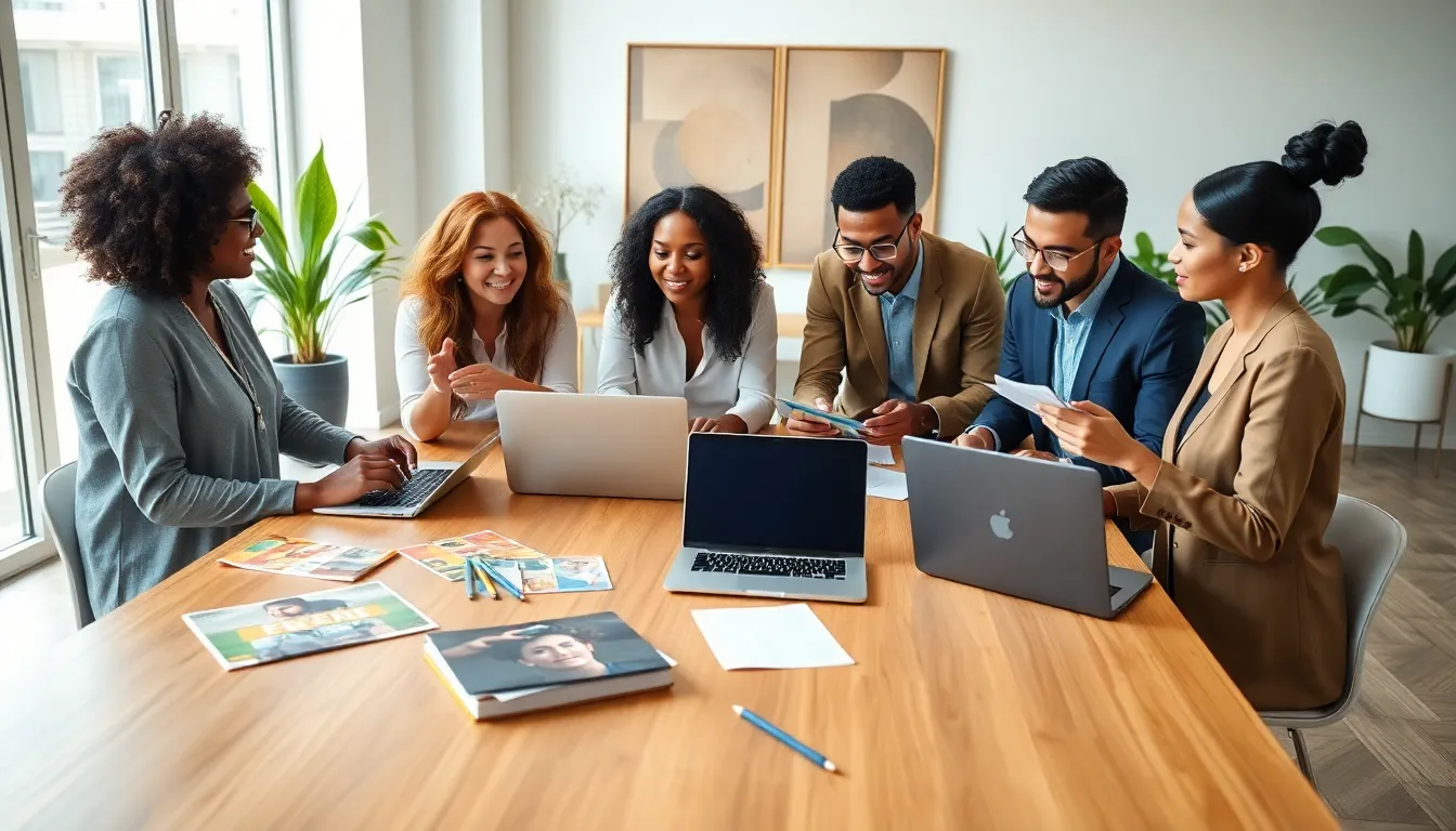diverse team collaborating on event planning in a modern office.