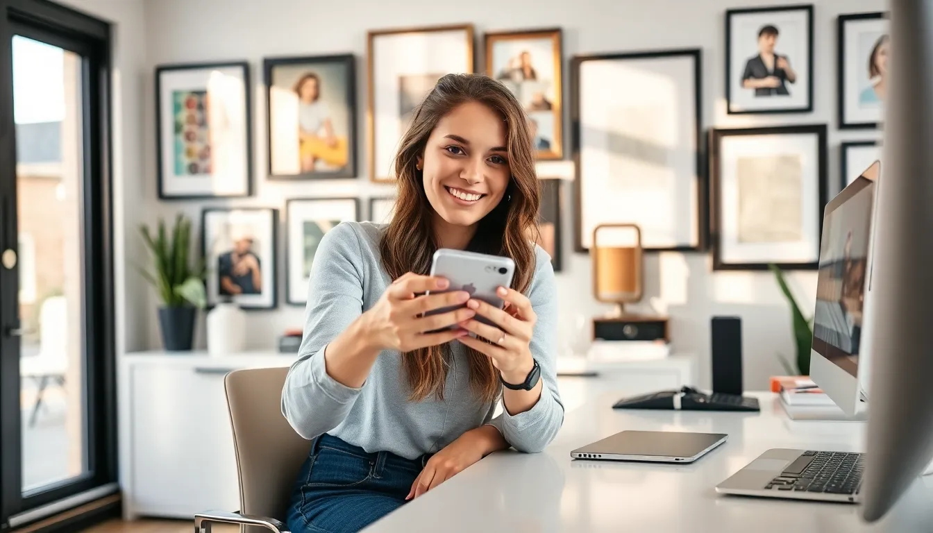 young woman engaged in social media creation at a stylish workspace.
