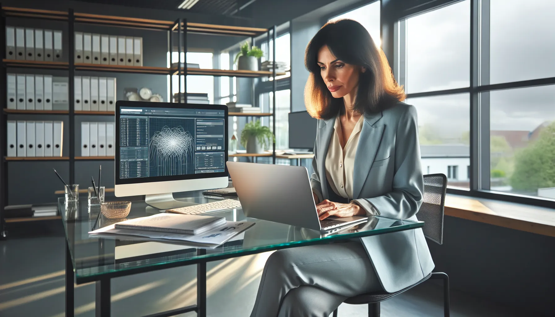 technician configuring network settings on a laptop in a modern office.