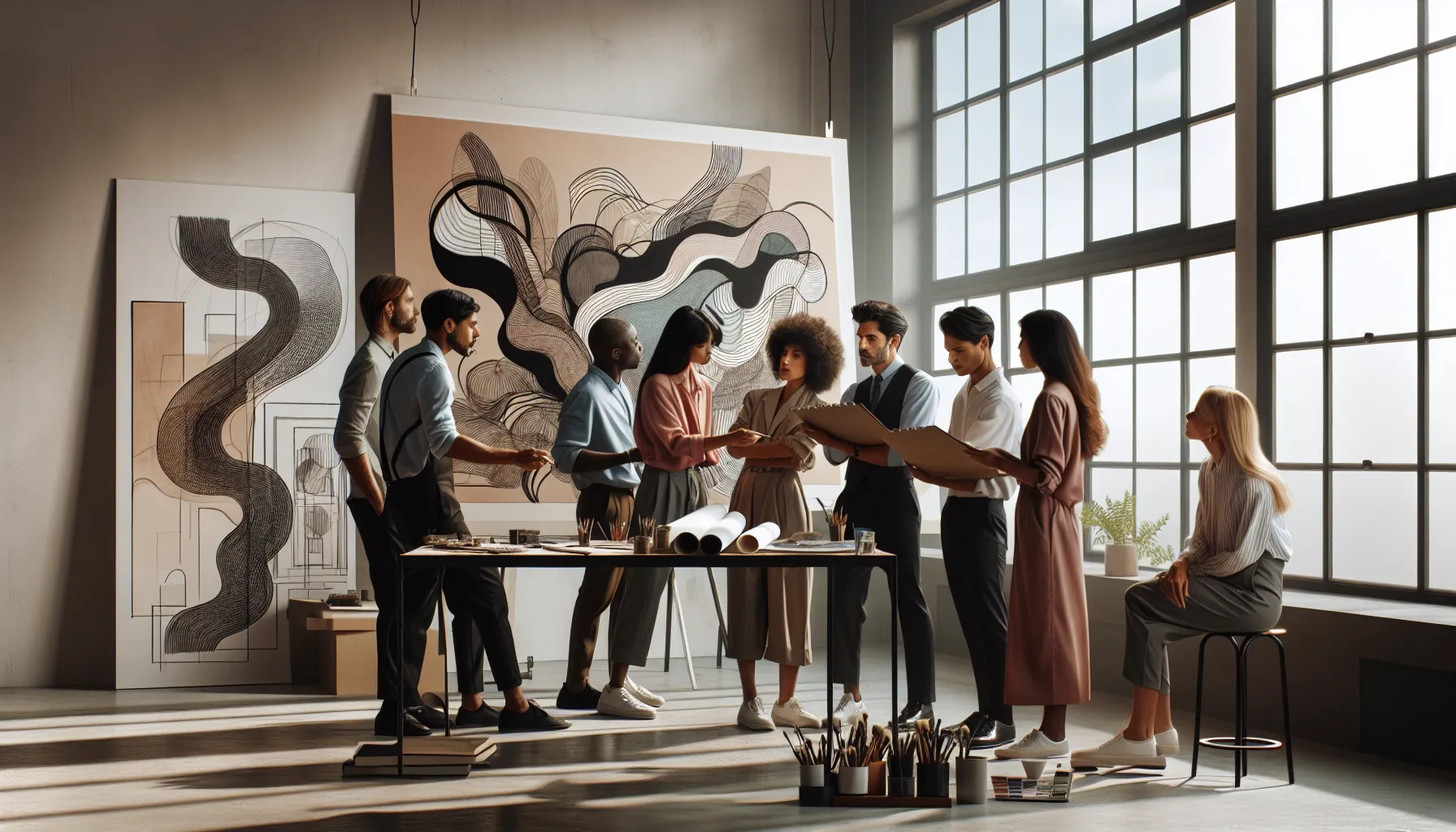 Artists discussing outlines in a well-lit art studio.