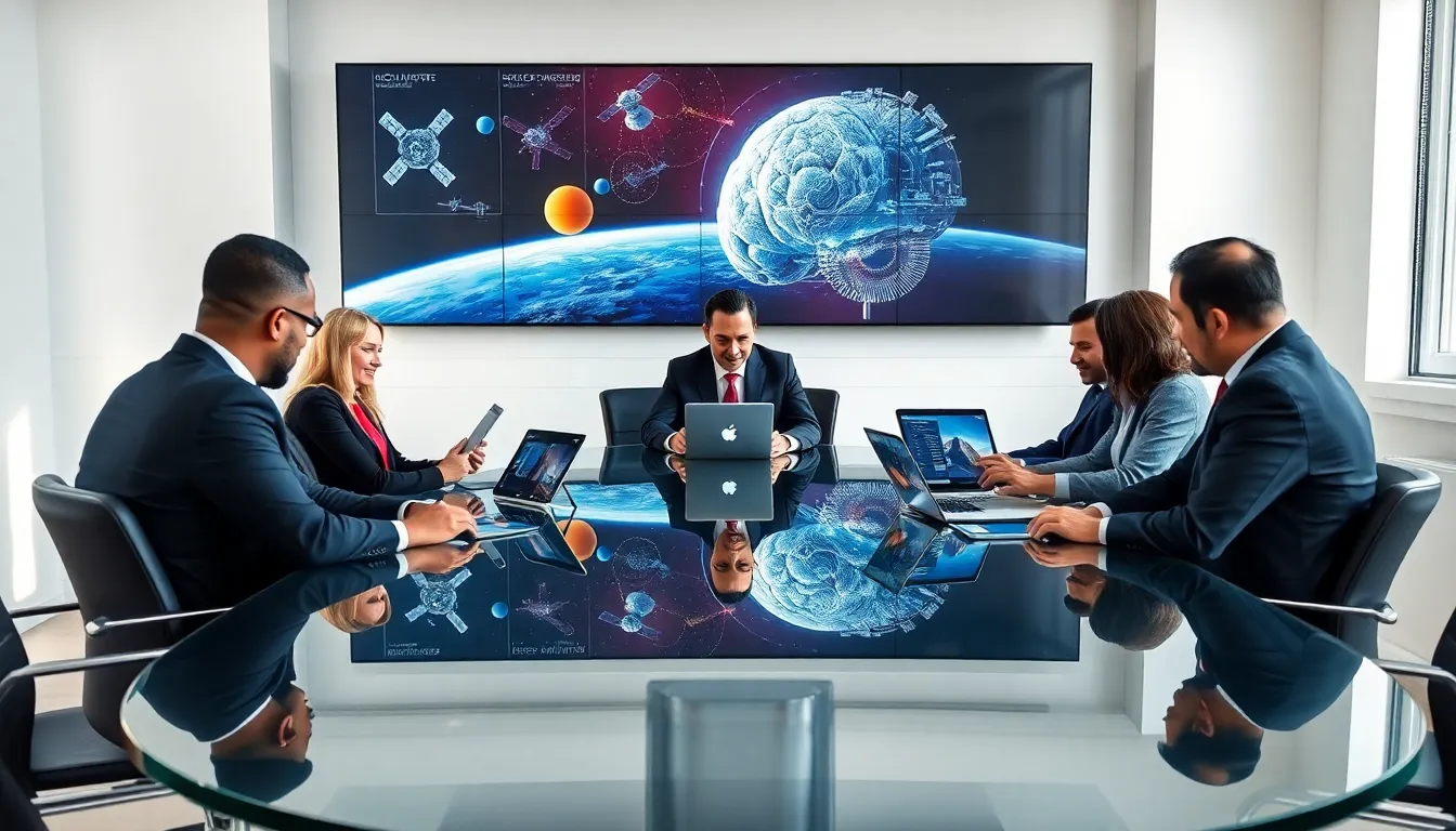 diverse professionals discussing space and technology policy in a modern conference room.