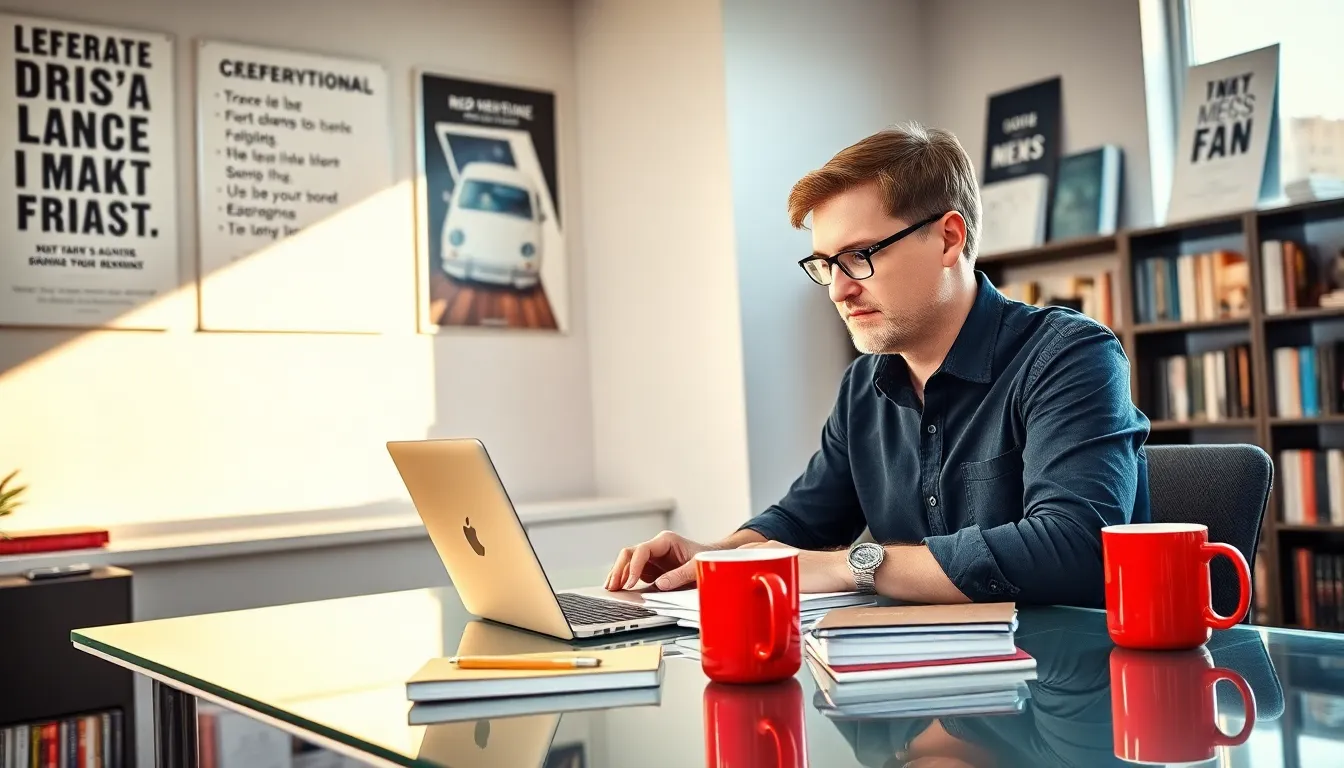 James Gussie working in a bright office, representing Redwebzine's origins.