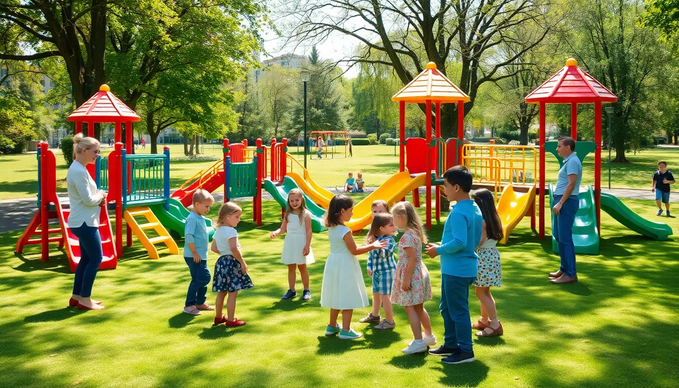 children playing on colorful outdoor play equipment in a sunny park.