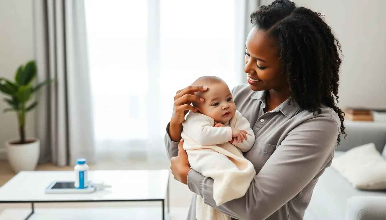 a parent checking a baby's forehead in a cozy living room.