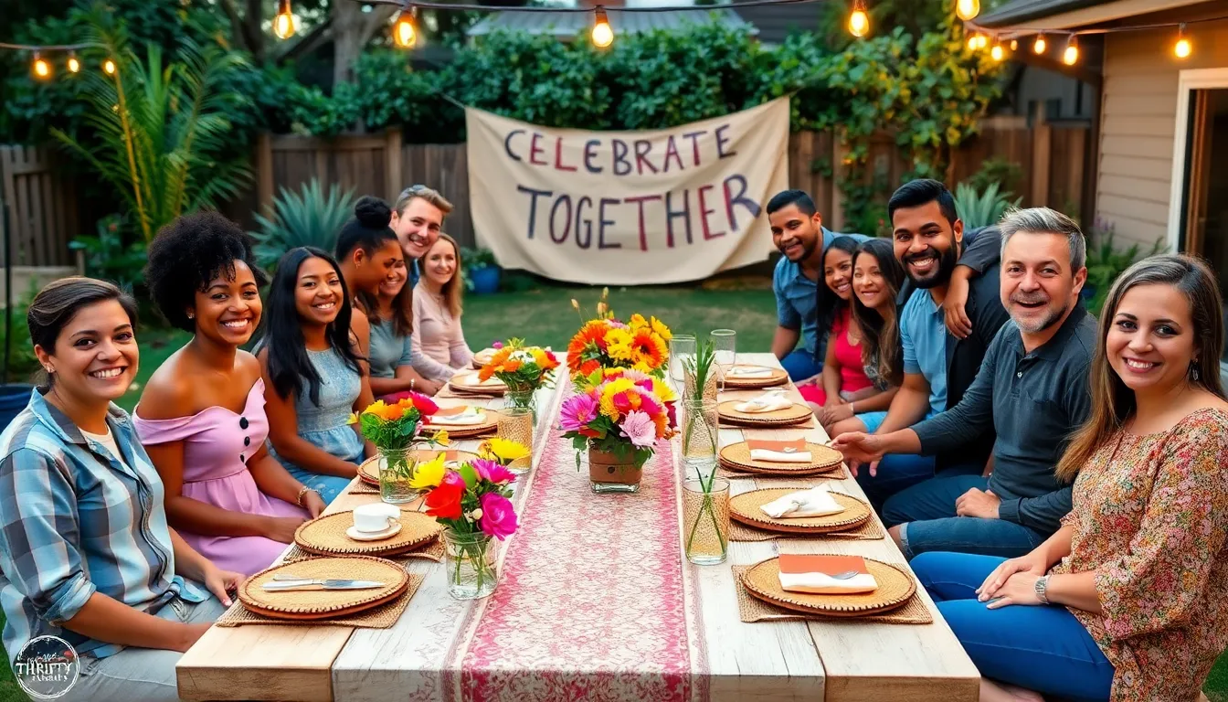 diverse group celebrating in a cozy backyard with creative decorations.