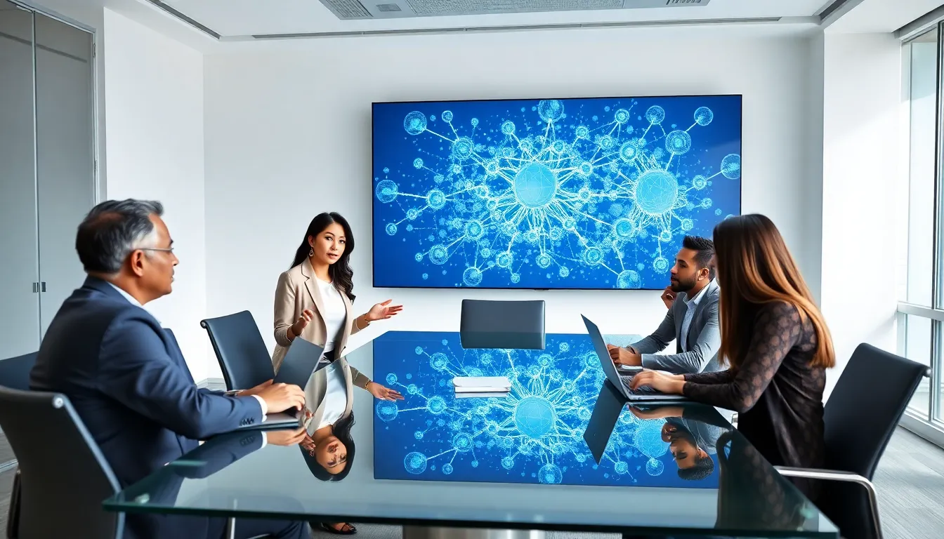 professionals discussing the Bitclassic blockchain platform in a modern office.