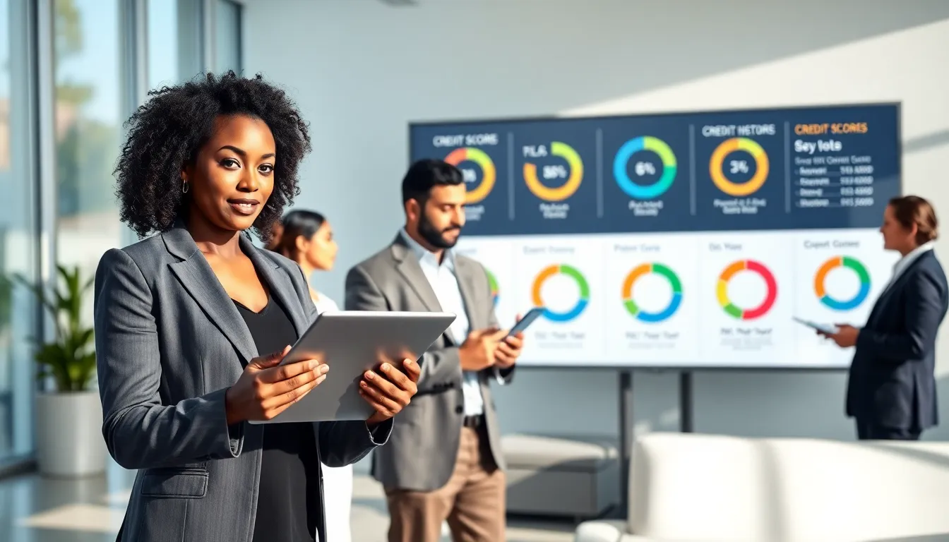 diverse professionals discussing credit scores in a modern office.