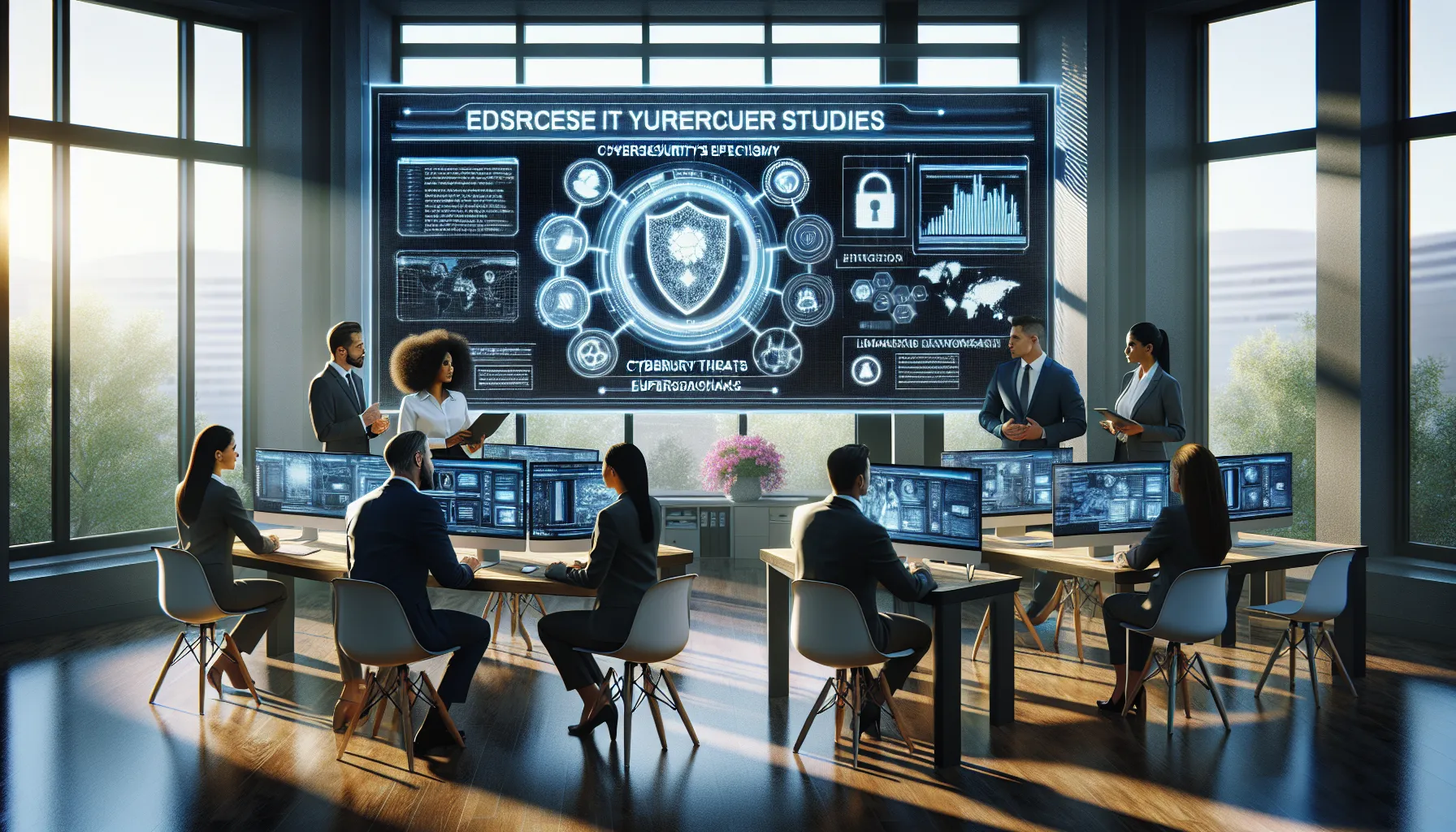 diverse team engaged in cybersecurity education in a modern classroom.
