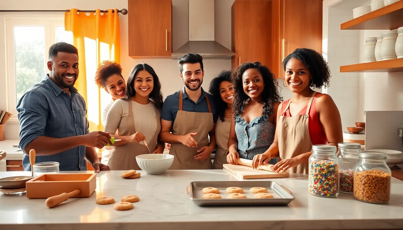 diverse group baking cookies in a sunny kitchen.