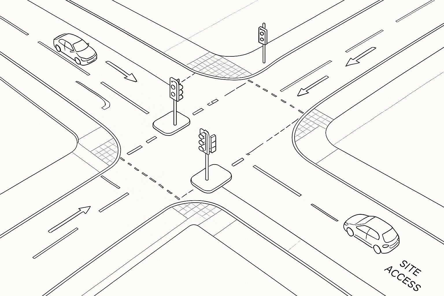 Line drawing of a redesigned UK road junction with crossing and cycle lane.