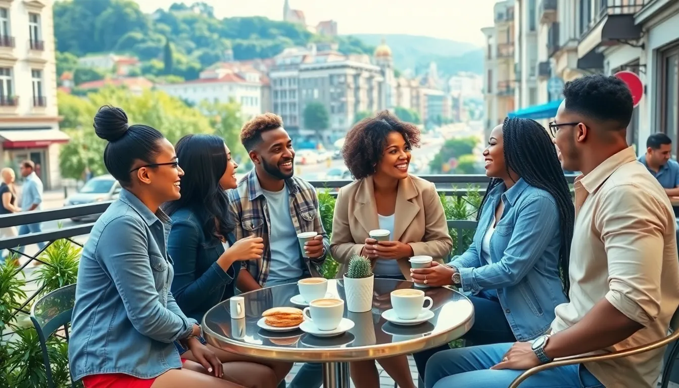 diverse friends sharing favorite places in a lively city cafe.