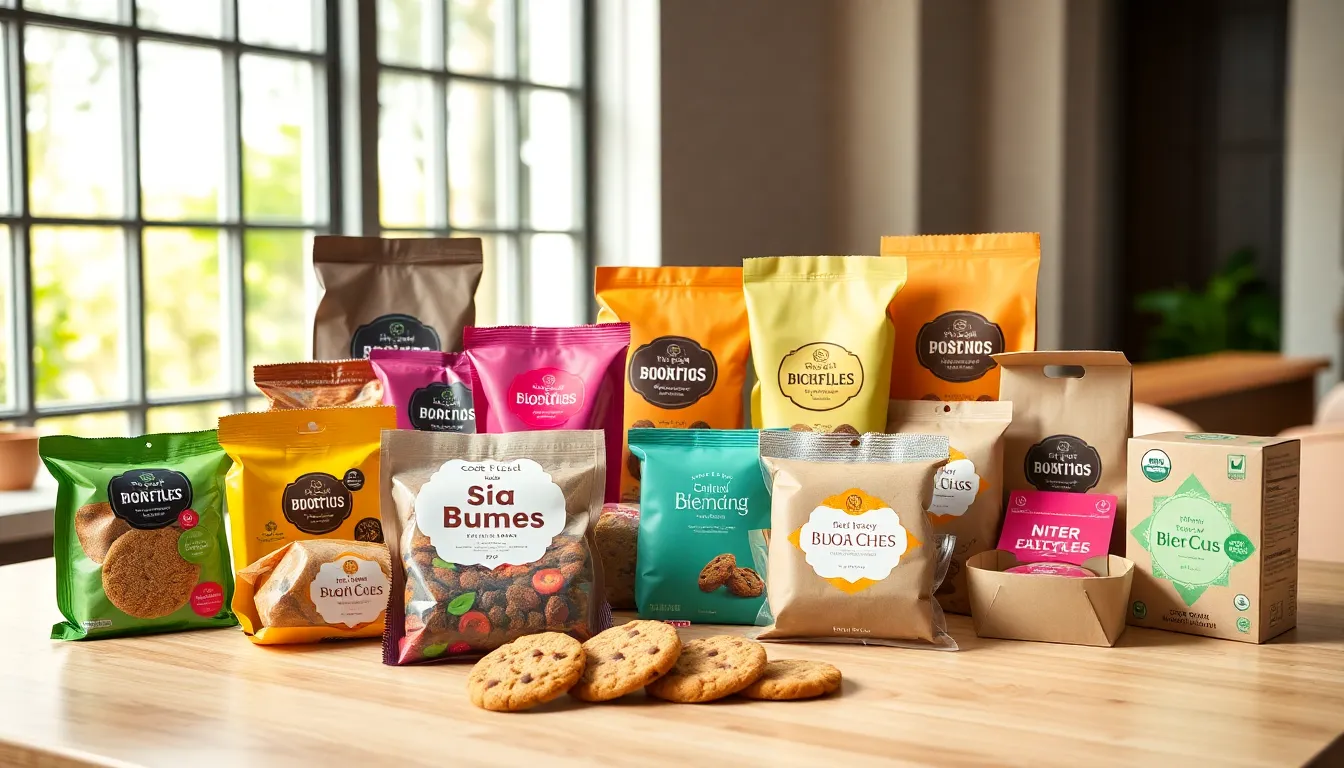 Various cookie packaging options displayed on a modern table.